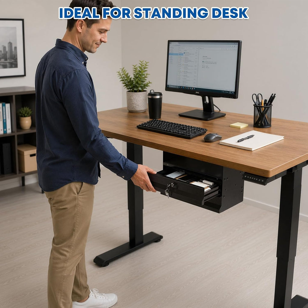 POCHAR Under Desk 2-Tier Drawer with Lock, Steel Slide Out Storage Drawer | Under Table Dual Tier Secure Drawer with Cable Management, Undermount Drawer Storage Organizer for Standing Desk, Workstation