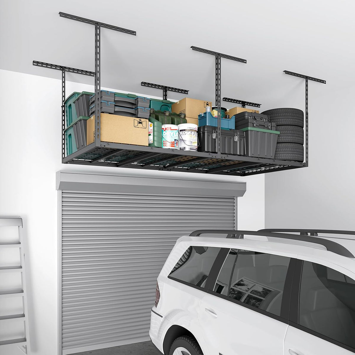3x6 ft overhead garage storage rack,450lbs weight capacity on a desk or shelf