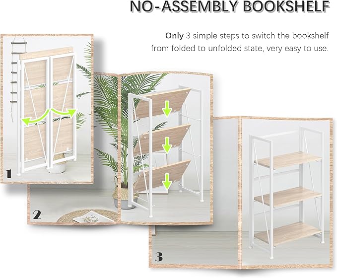 4NM No Assembly Folding Bookshelf Storage Shelves 3 Tiers Vintage Bookcase - Image 5