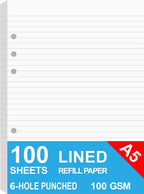 A5 Lined Paper, Refills for Filofax Planner, Organizer, Binders, 6 Hole Punched, 100 Sheets/200 Pages, 100gsm, White, 5.8 x 8.2 Inch