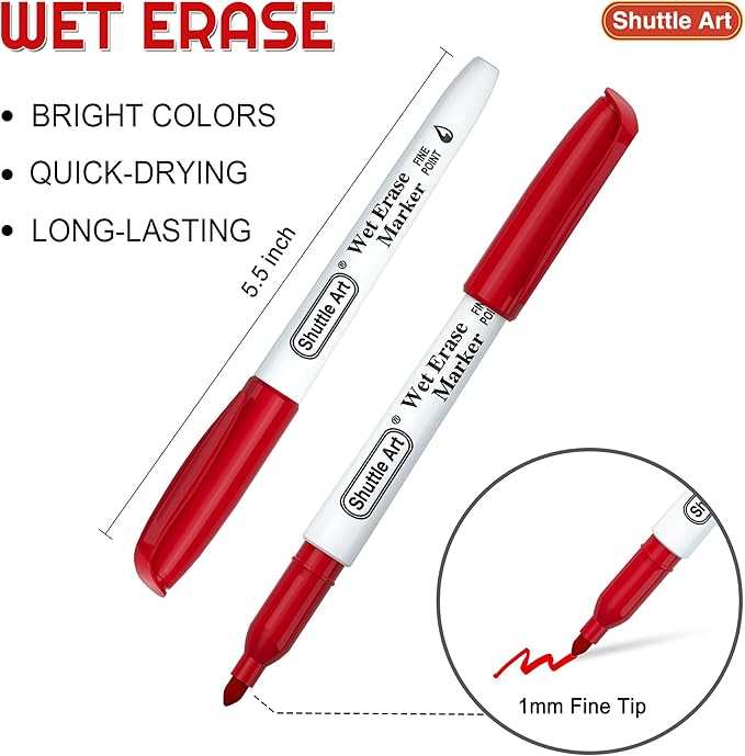 Shuttle Art Wet Erase Markers, 15 Pack Red 1mm Fine Tip Smudge-Free Markers - Image 2