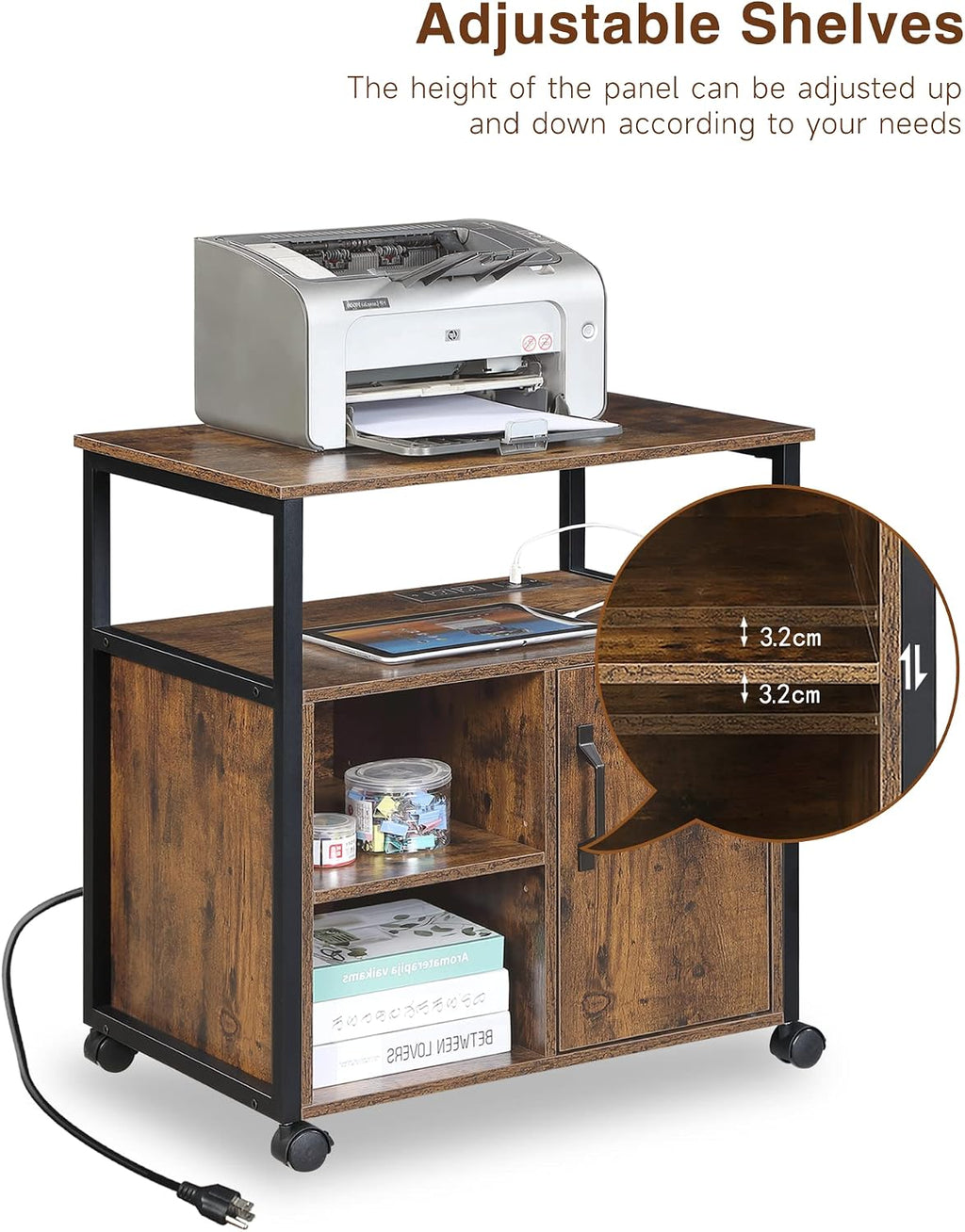 Lateral File Cabinet,Office Filing Cabinets with Socket and USB Charging Port,Modern Rolling Printer Stand with Storage for A4, Letter Size and File Folders,for Home Office, Rustic Brown