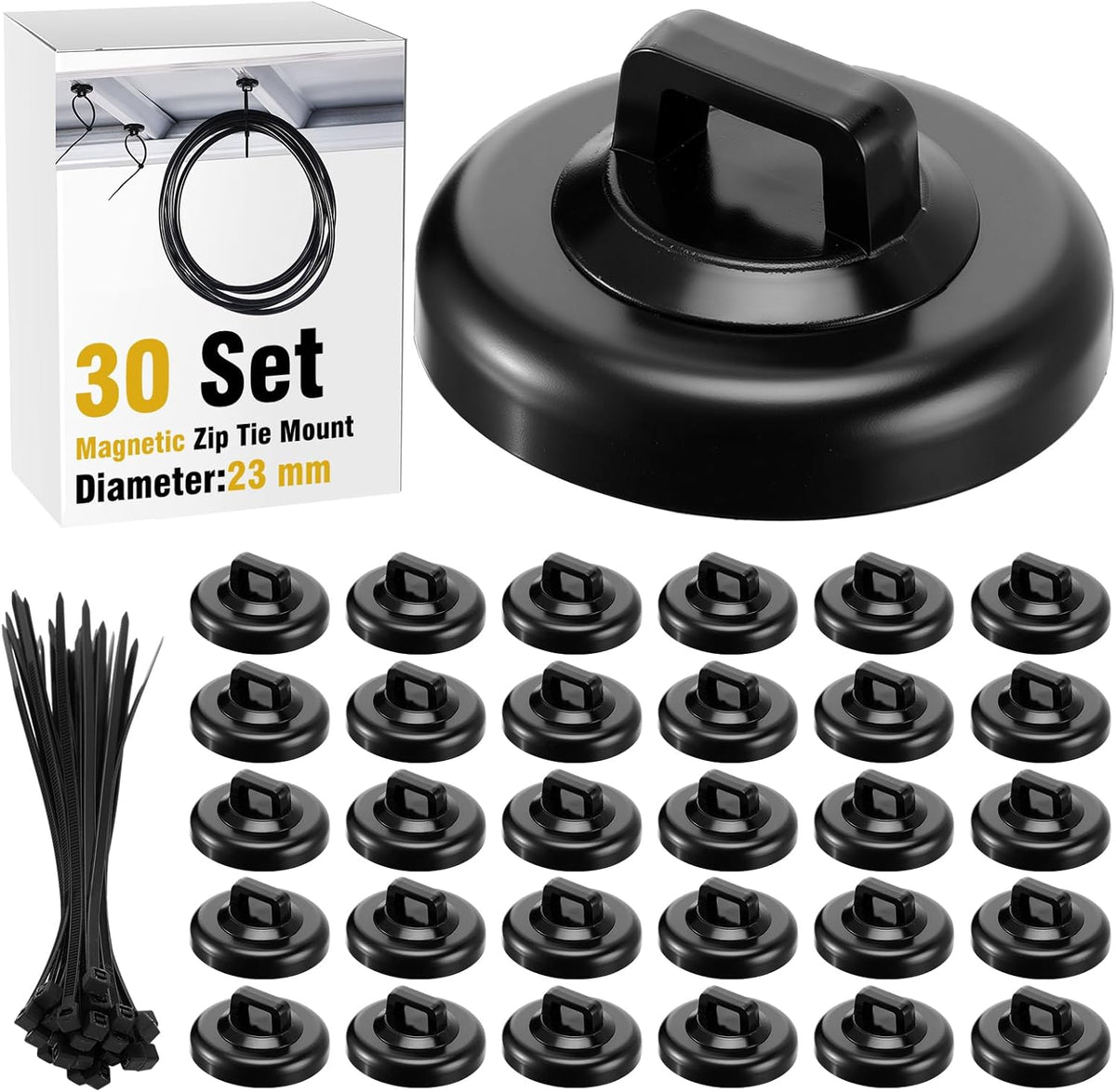 Leinuosen 30 Set Magnetic Zip Tie Mount and Nylon Cable Ties, 23 mm Multipurp...