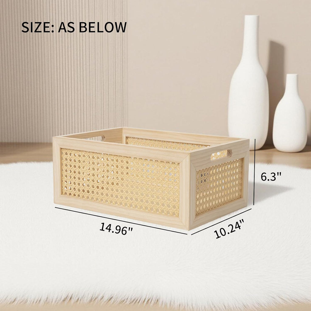 rattan storage basket wooden box wooden storage bins, close-up detail
