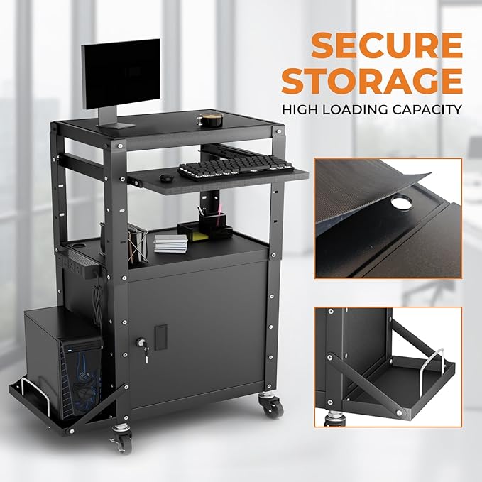 Mobile AV Cart with Side Shelves, Rolling Computer Cart Height Adjustable - Image 7