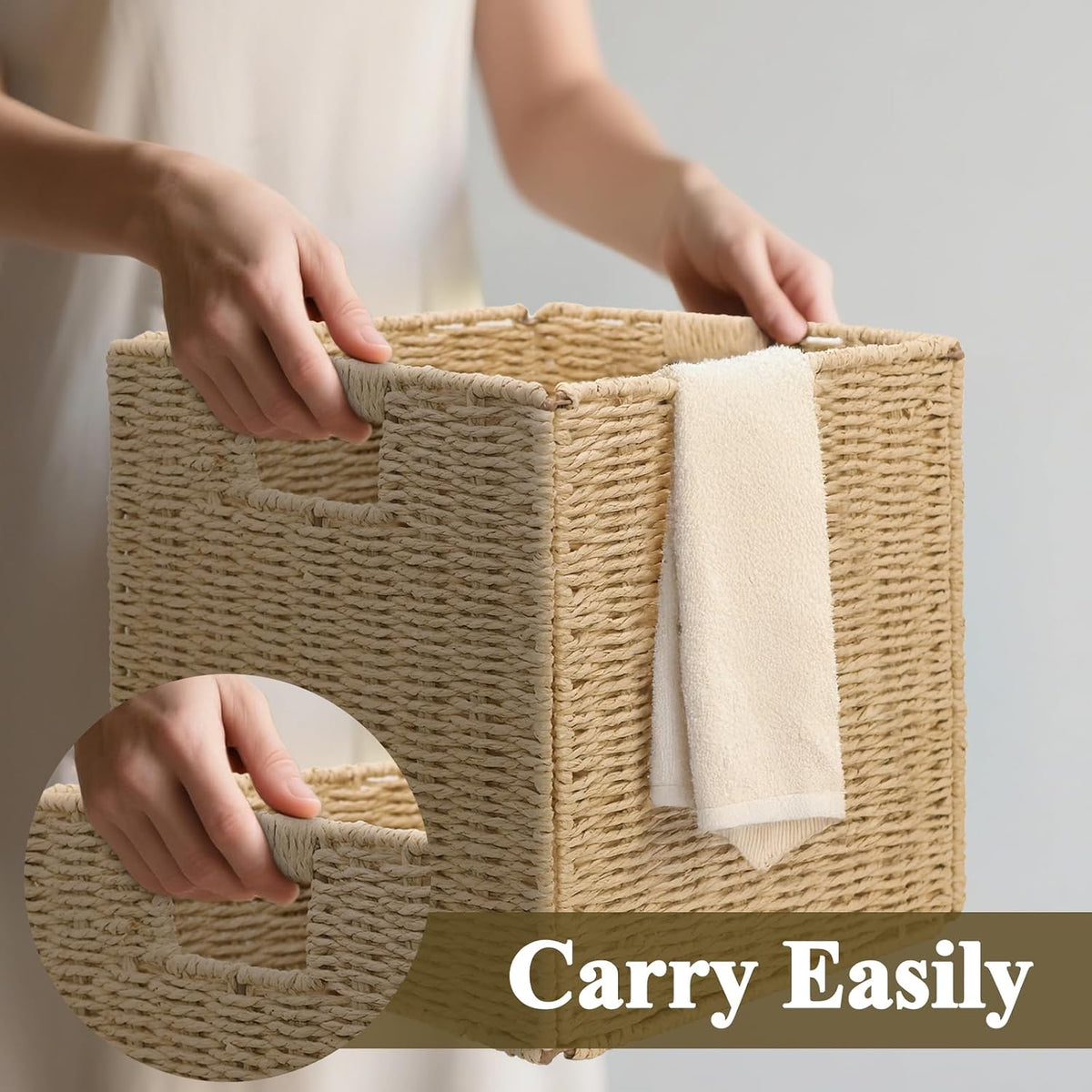 Wicker Storage Baskets for Organizing, 3 Pack Rustic Foldable Square Basket f...