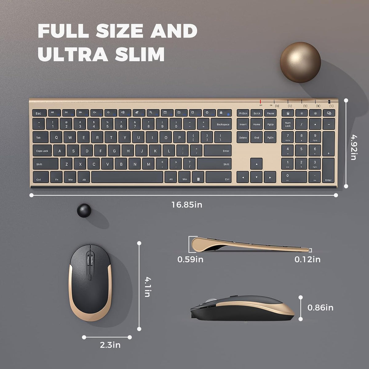Vssoplor Wireless Keyboard and Mouse, Rechargeable Ultra Slim, Black Gold