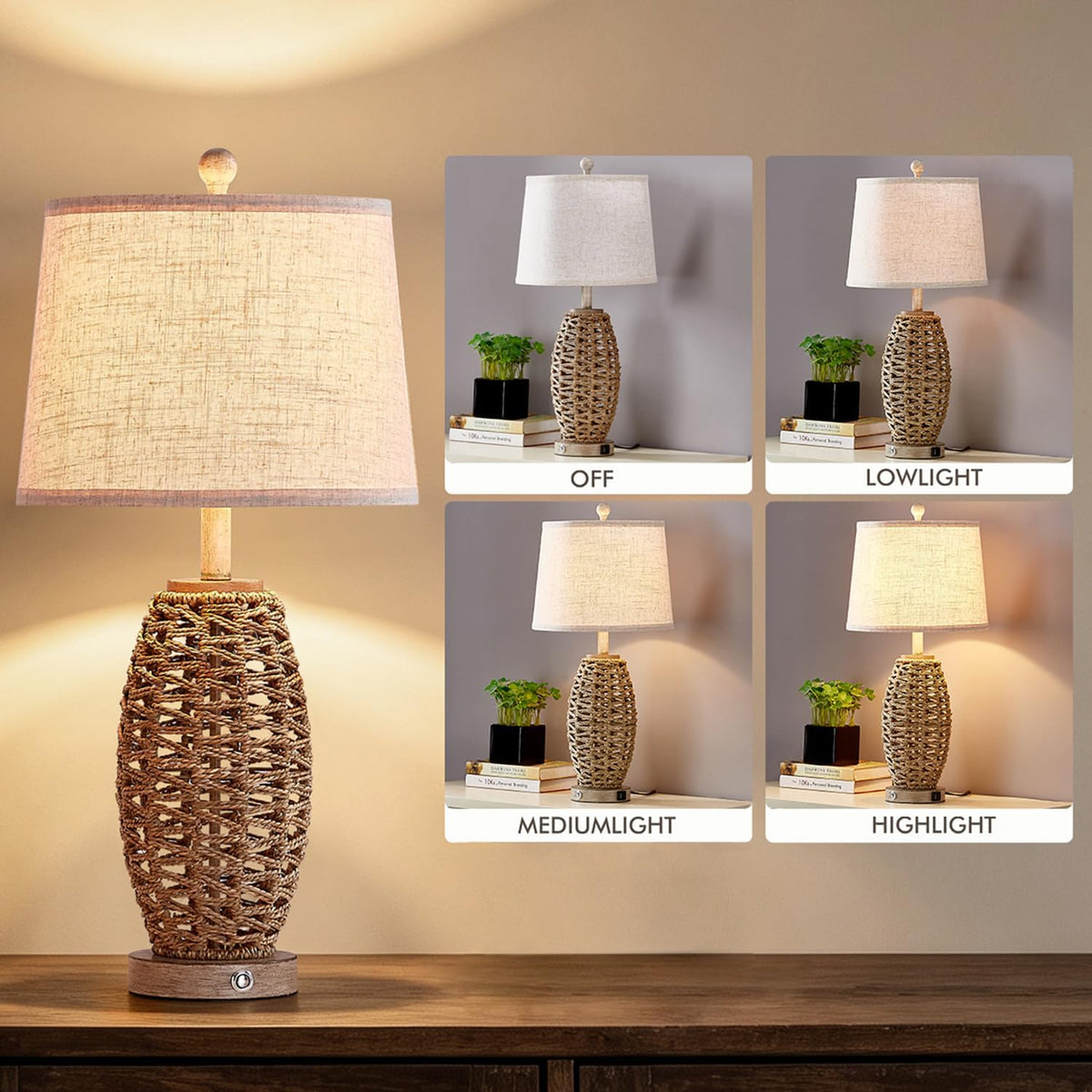 Rattan Table Lamp for Living Room, Dimmable Touch Lamp for Bedside Table in B...