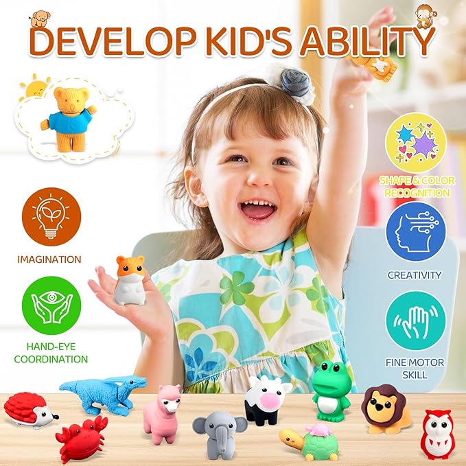 URSKYTOUS 60Pcs Animal Erasers Kids Desk Pets Pencil Erasers 3D Puzzle Bulk - Image 6