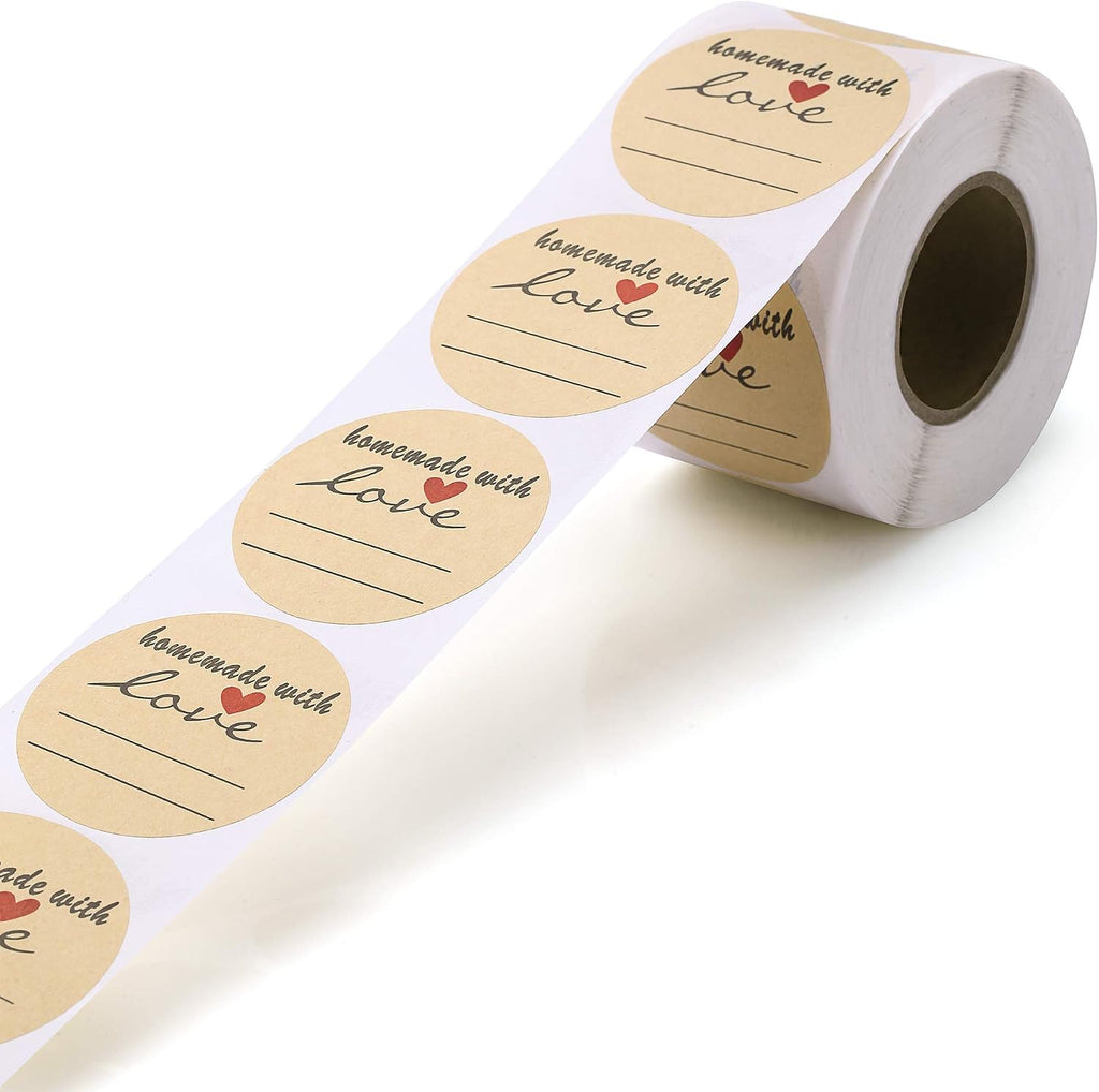 1.5" Homemade with Love Stickers, 500 Pcs Kraft Jar Canning Label Stickers for Baked Packaging, Cookie Bags, Fudge Containers, Store Owners, Crafts, Organizing, Price Tags