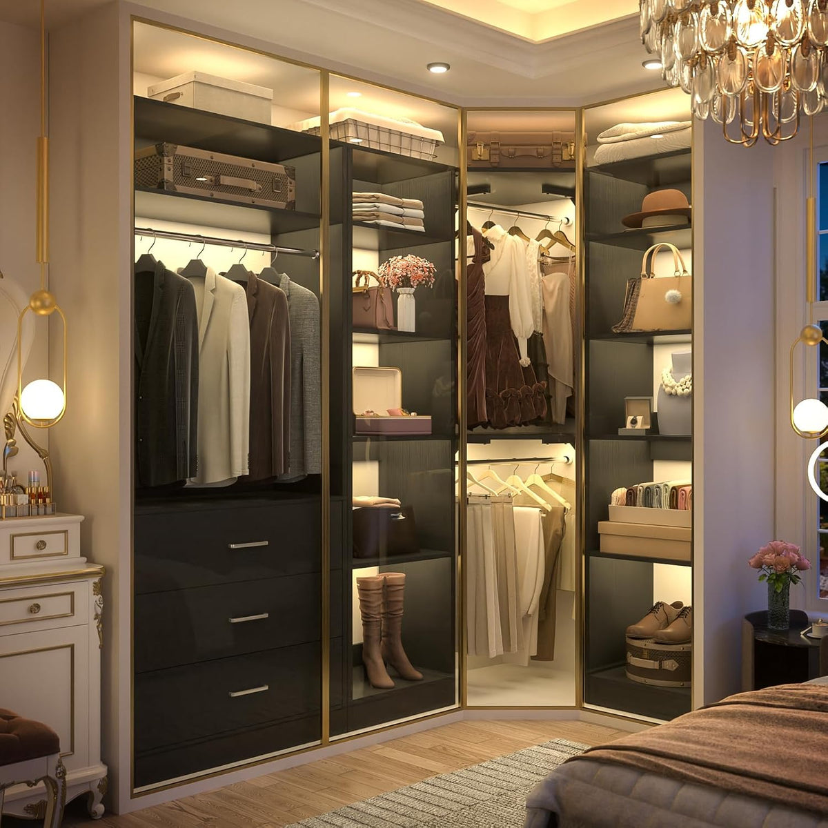 Besiost Corner Closet System with 3 Drawers, Corner Closet Organizer System