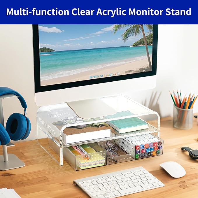 OPNICE Acrylic Clear Desk Organizers and Accessories, 2-Tier Computer Monitor - Image 4