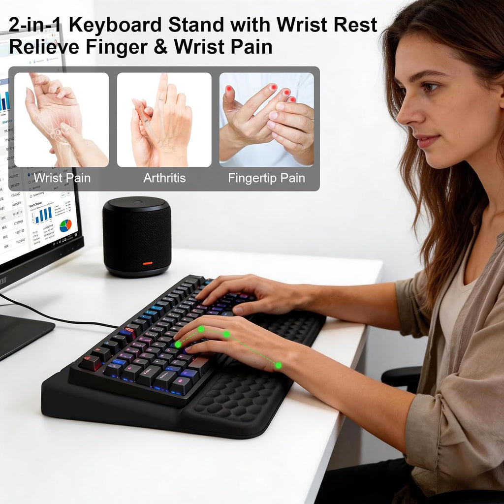 Ergonomic Keyboard Stand with Soft Memory Foam Wrist Rest for Office | Computer Keyboard Pad with Wrist Support,Keyboard Riser Holder Lift Tray,Desk Wrist Pad for Home, School - Black