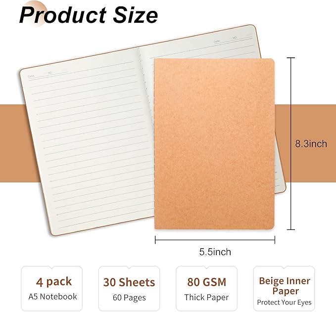 miikoul 4 Pack A5 Kraft Paper Notebook Lined Journal Bulk, 8.3 X 5.5 Inch - Image 2