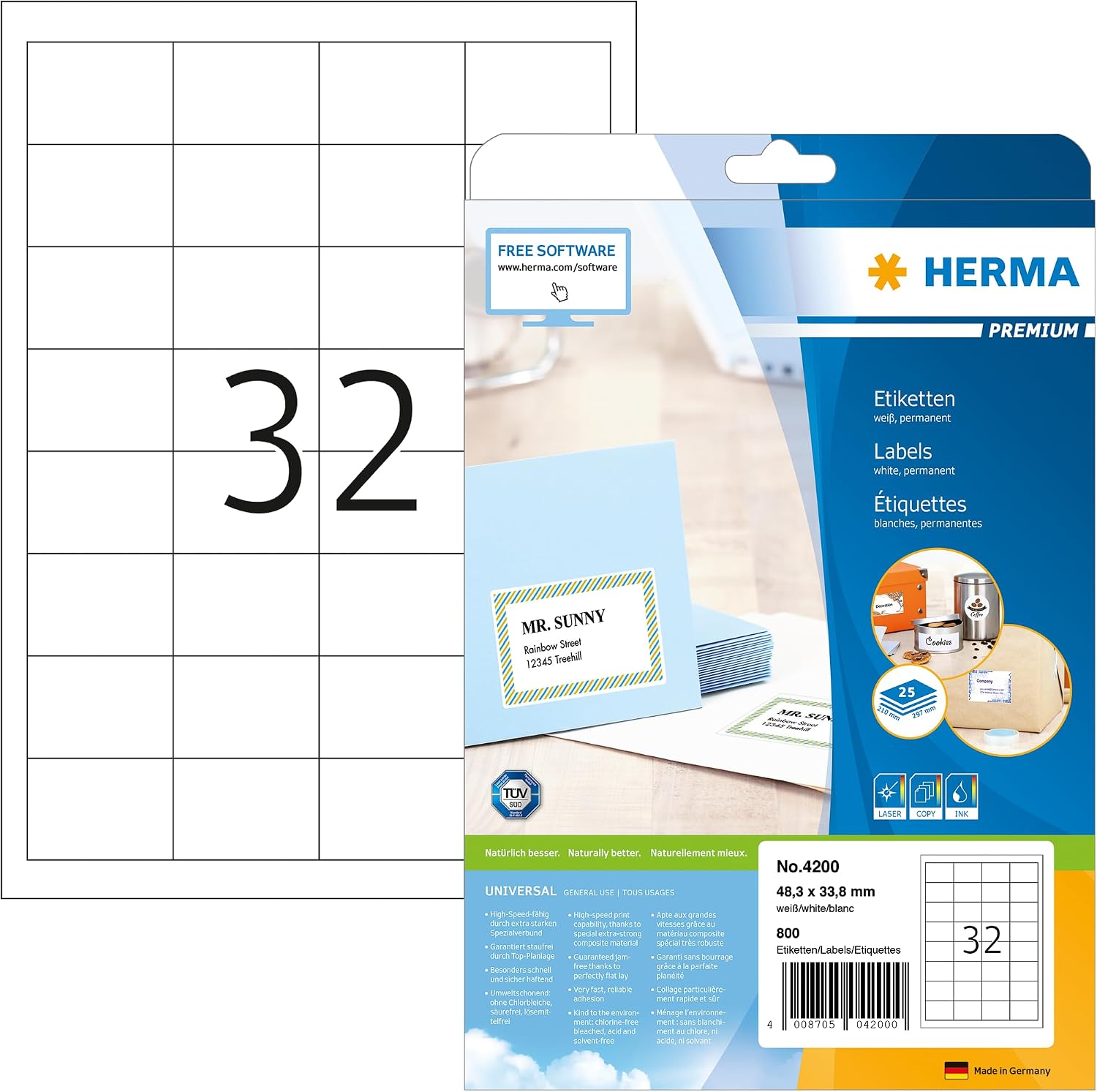 HERMA Self Adhesive Multi-Purpose Labels, 32 Labels Per A4 Sheet, 800 Labels for Laser and Inkjet Printers, Small, 48.3 x 33.8 mm (4200), White