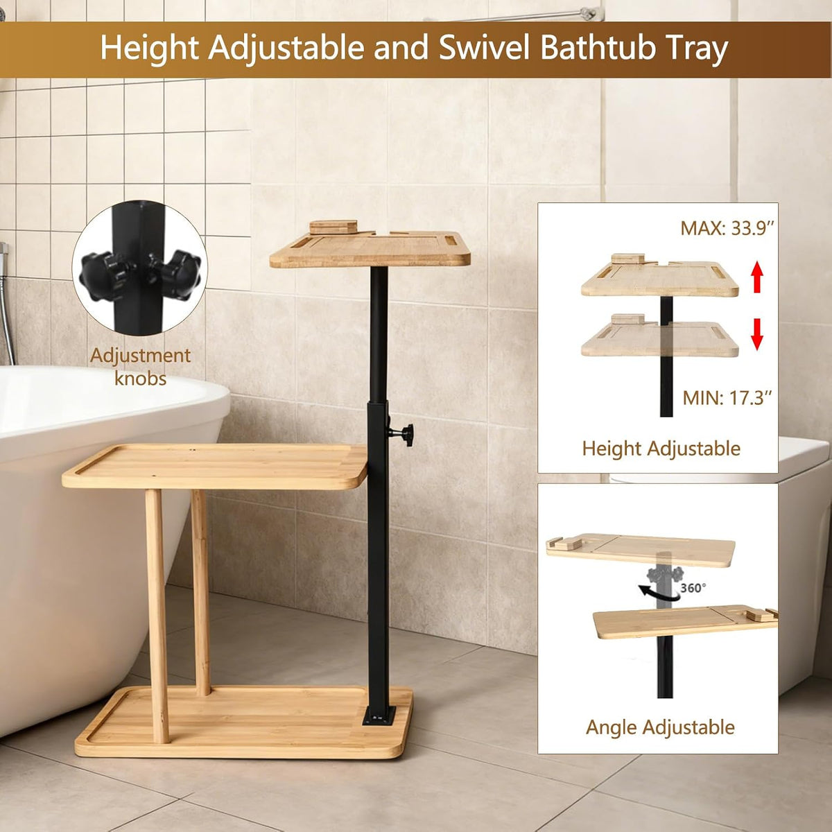 3 Layer Bathtub Tray Table,Bamboo Swivel Bathtub Side Table Height Adjustable...
