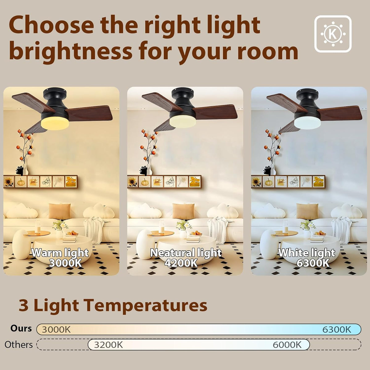 30 inch wood ceiling fan with light, flush, front angle view