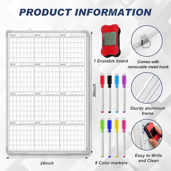 Lincia 36" x 24" Magnetic Vertical Yearly 12 Month Dry Erase Calendar - Image 2