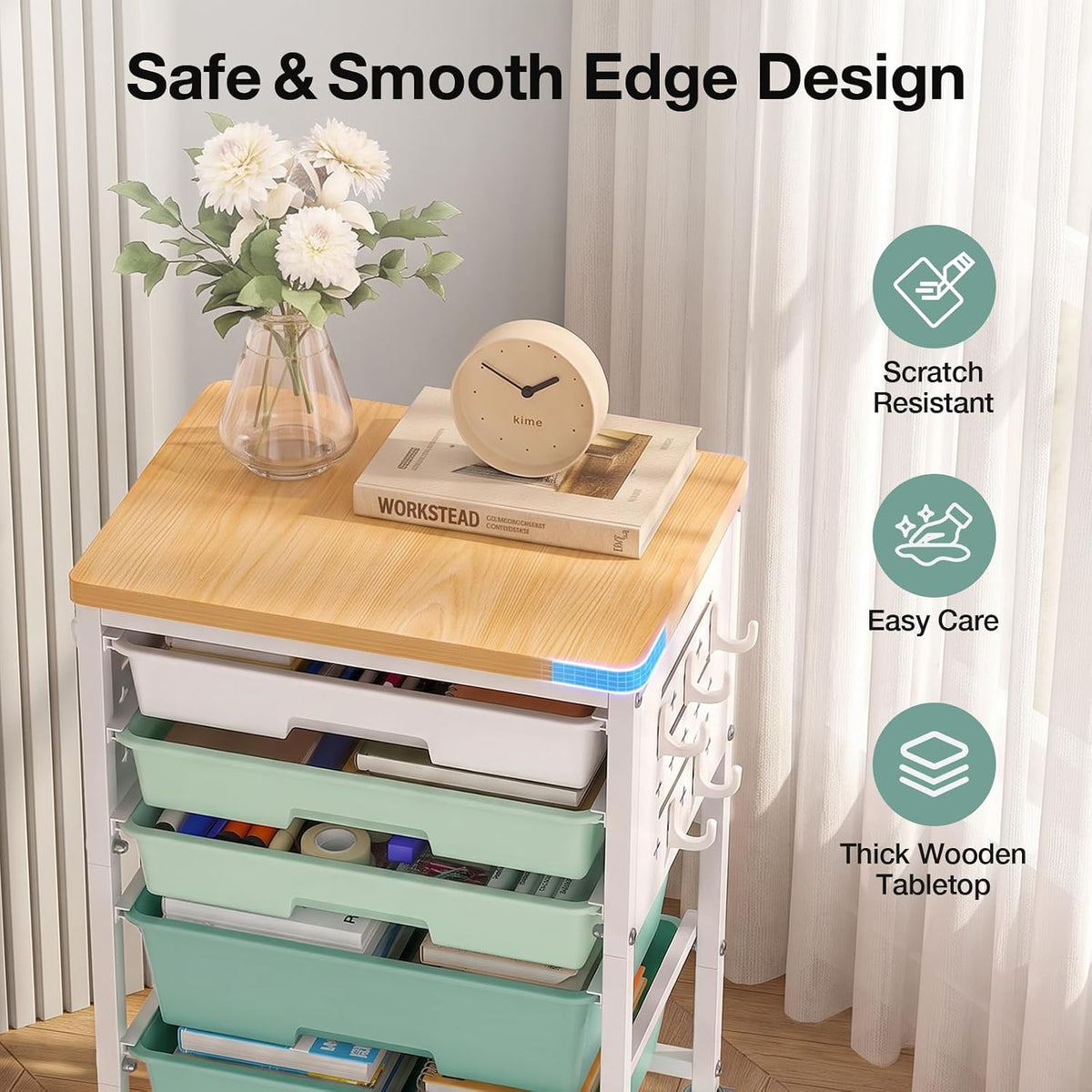ALVOROG Rolling Storage Cart with 5 Drawers,Pegboards,Wooden Top,Bins,Green