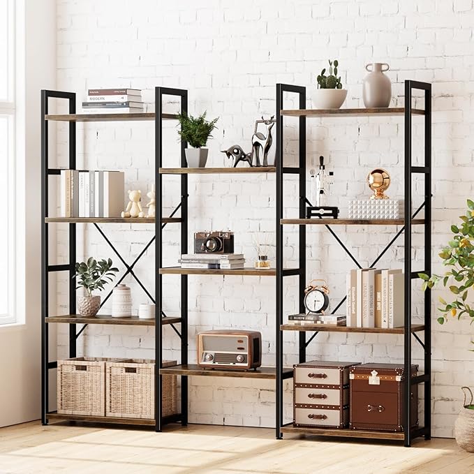 NUMENN Triple Wide 4 Tier Bookshelf, Adjustable Rustic Industrial Style - Image 2