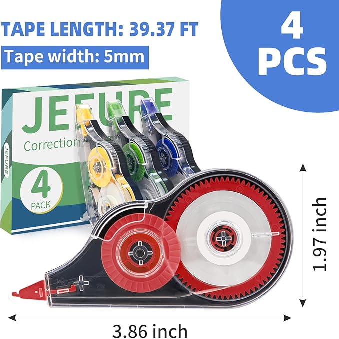 JEFURE 4 Pcs Colorful Correction Tape, 39.4 Ft White Wrong Out Tear-Resistant - Image 2