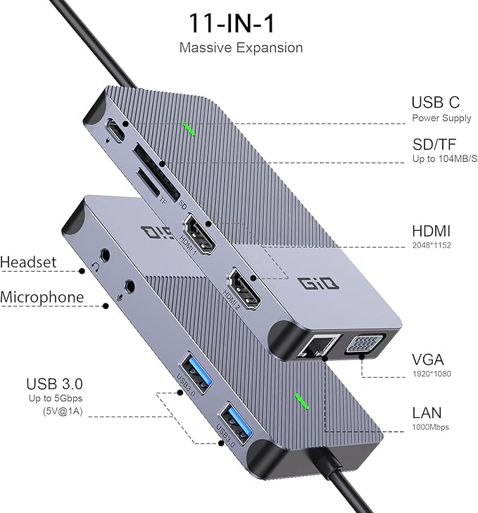 USB Docking Station GIQ USB C HUB USB 3.0 to Dual HDMI VGA Adapter Triple - Image 2