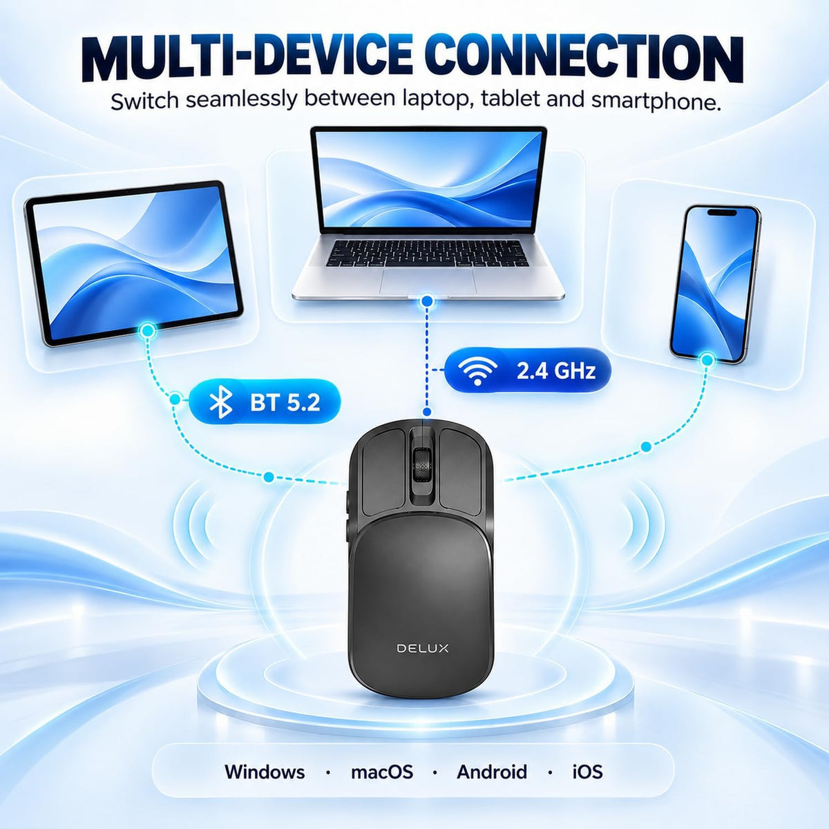 DELUX Wireless Bluetooth Pocket Mouse, 2-in-1 Sliding Mouse (MF20-Black)
