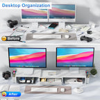 gianotter dual monitor stand riser with drawer and shown in use