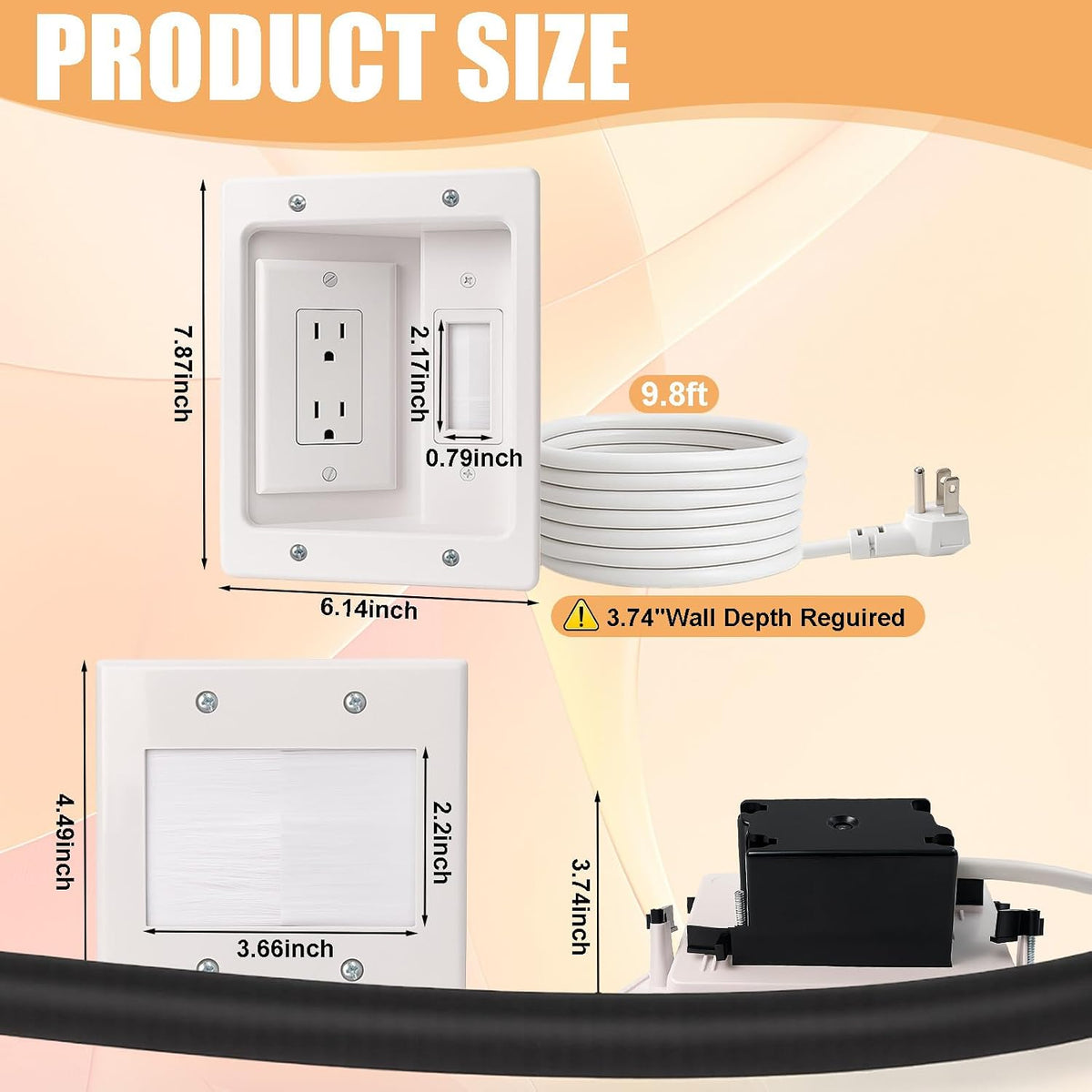 in-Wall TV Cable Management Kit with Recessed Dual AC Outlet, 9FT Extension C...