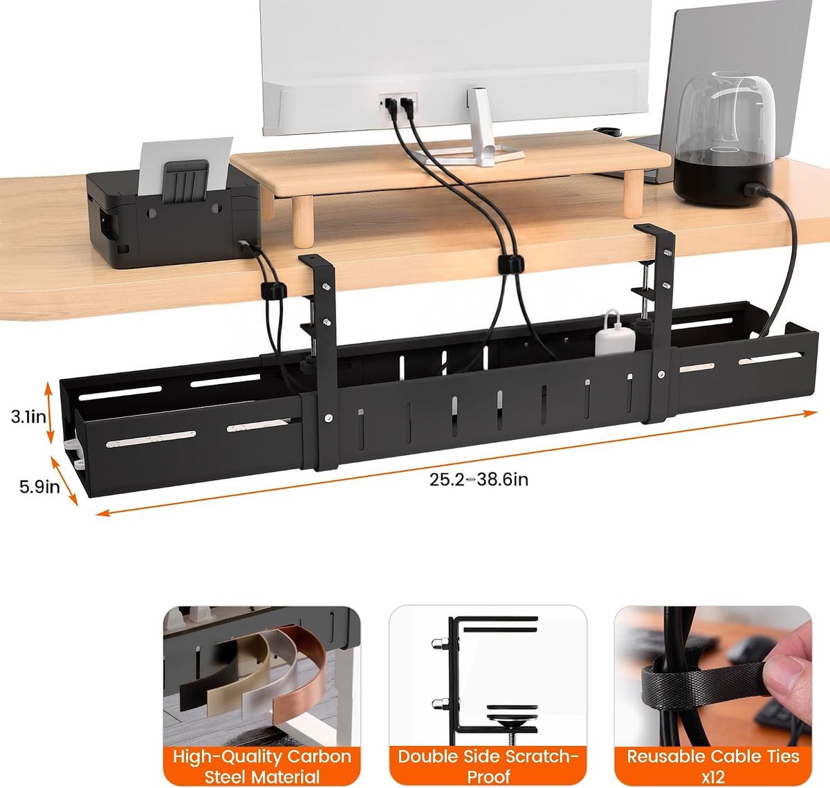 Under Desk Cable Management Tray-No Drill Clamp Moun，Expandable 25.2"–38...