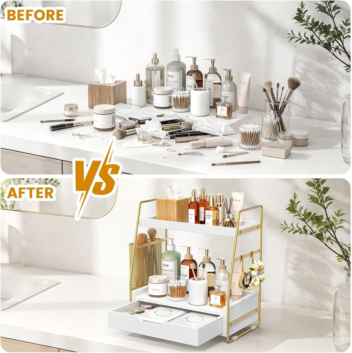 2-Tier Bathroom Counter Organizer with Drawer, Wood Counter Storage Shelf