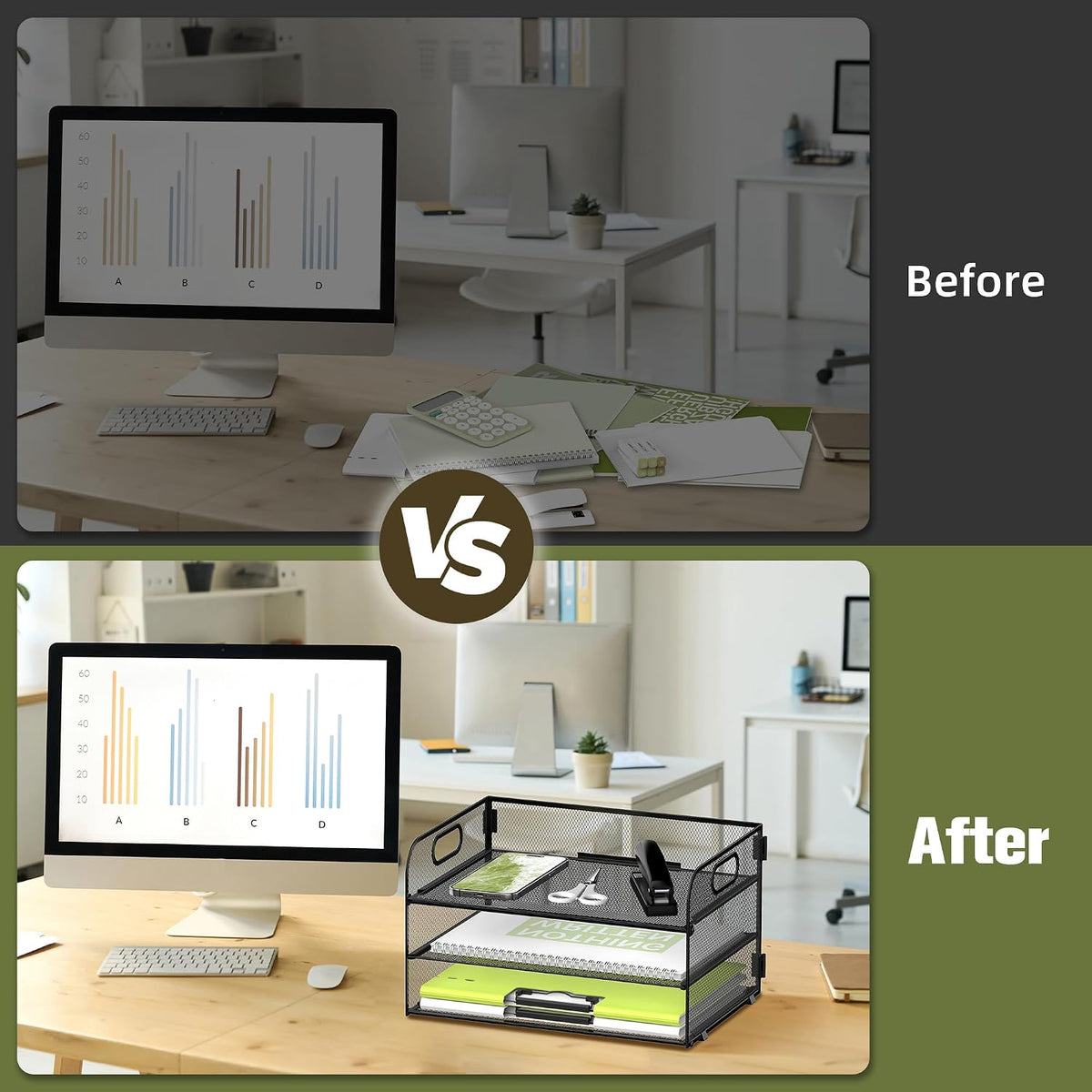DALTACK 2 Pack 3 Tier Paper Organizer for Desk, Sliding Paper Trays, Black