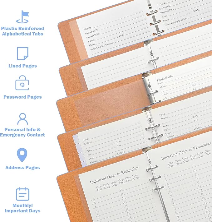Reﬁllable Address Book with Alphabetical Tabs, 48 Passwords Combo Book - Image 4