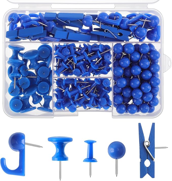 200 Pieces Push Pins Set, 5 Types Blue Thumb Tacks Cute Decorative Push Pins by BESARME