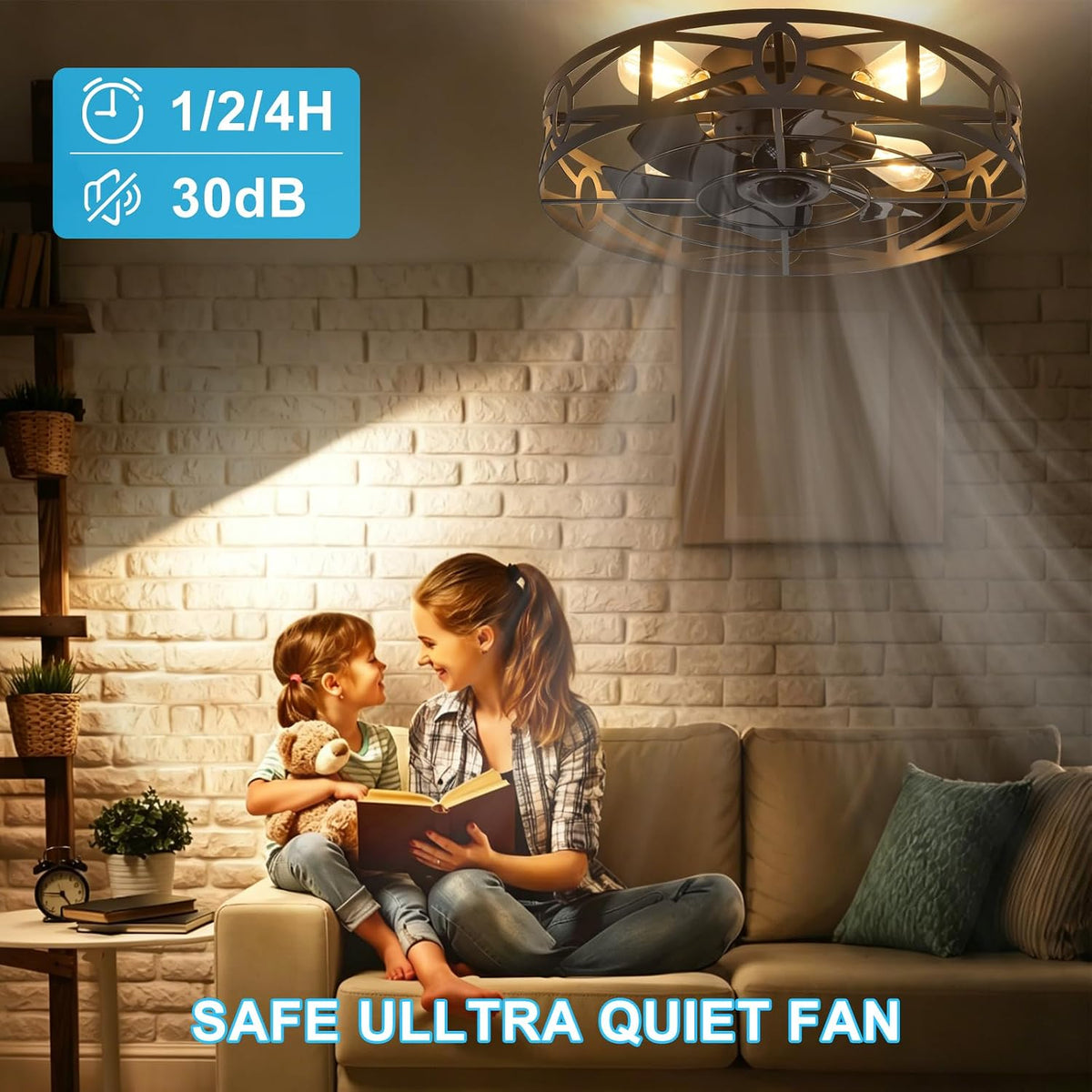 depuley flush mount ceiling fan: 20" caged ceiling, front angle view