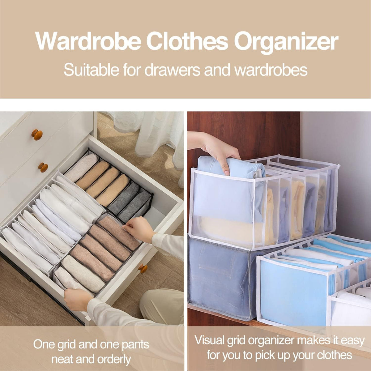 Wardrobe Clothes Organizer, 7 Grids Washable Portable Closet Organizer Mesh S...