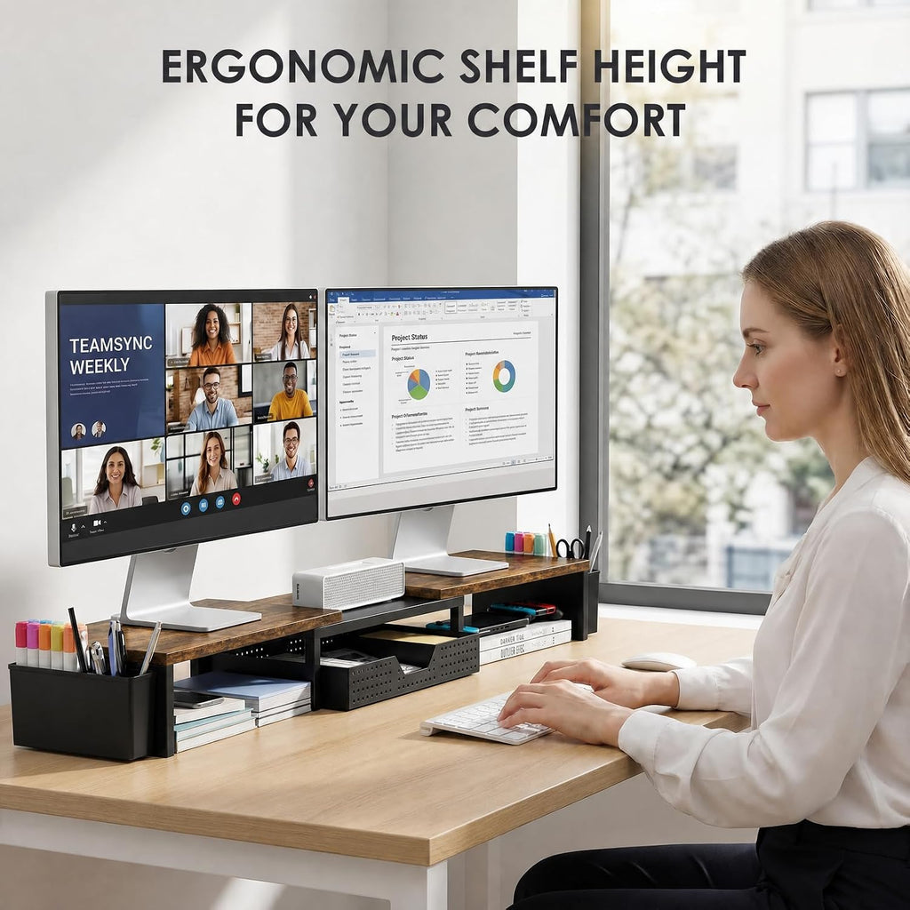 opnice desk organizers and accessories, dual monitor stand shown in use
