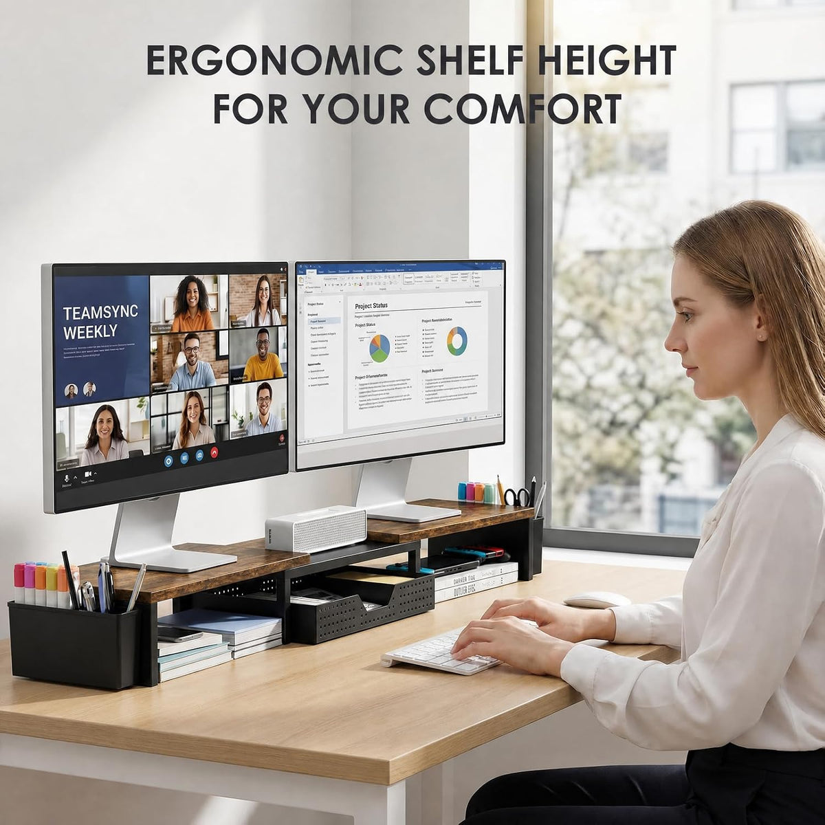 opnice desk organizers and accessories, dual monitor stand shown in use