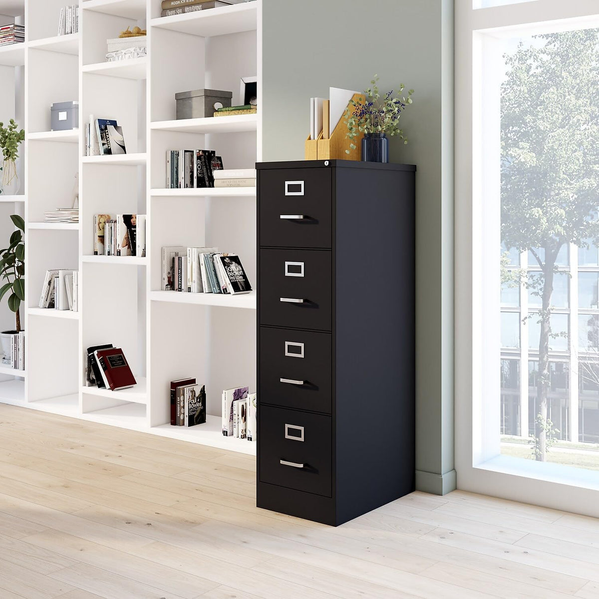 staples 4-drawer vertical file cabinet, letter/legal, locking, black, front angle view