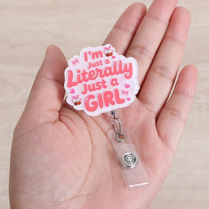 I’m Literally Just a Girl Funny Badge Reel | Cute Bow Retractable ID Card Badge - Image 2