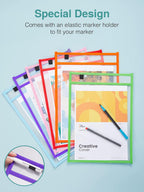 Puroma 35 Pack Dry-Erase Pockets Reusable Plastic Sleeves Assorted Colors Waterproof Pocket with 2 Rings for Classroom, School, Office, Home - Colorful
