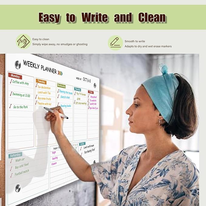 Glass Weekly Dry Erase Board for Wall 16"X 12", Colorful Weekly Calendar - Image 4