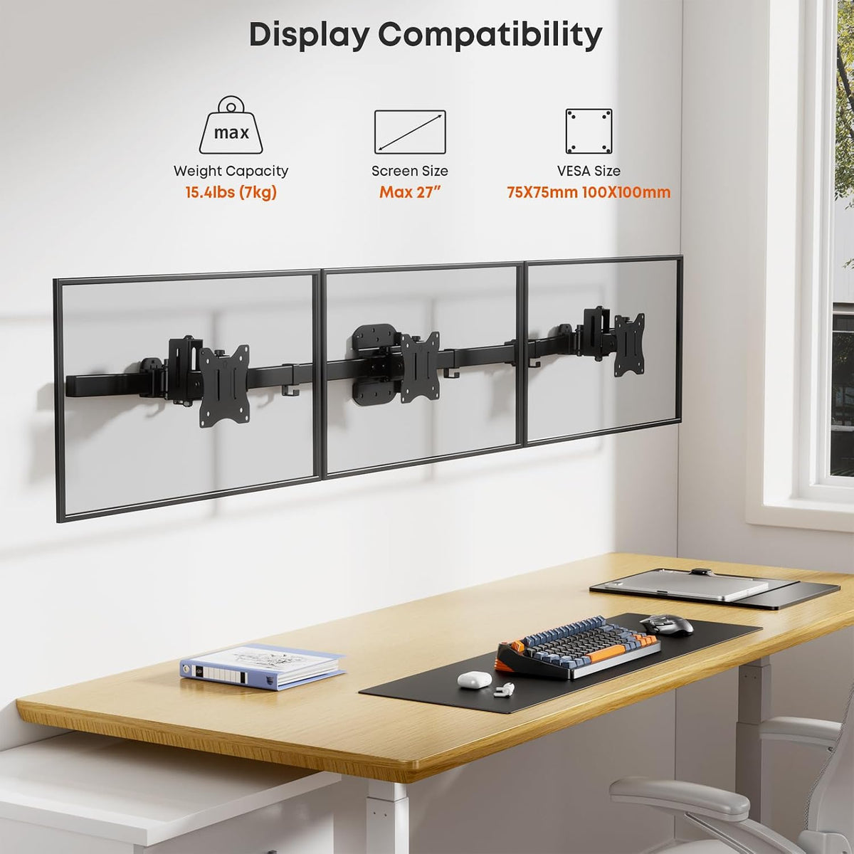 Triple Monitor Wall-Mount for 17"-27" Screens, Full Ergonomic Adjus...