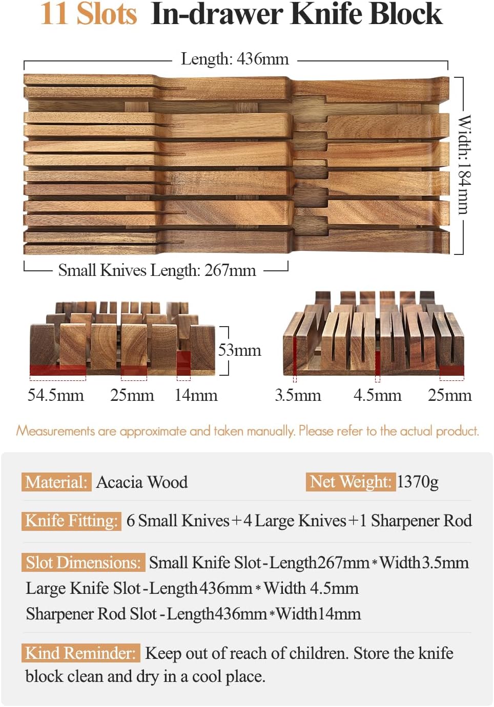 XINZUO In-drawer Knife Block, Natural Acacia Knife Drawer Oganizer, Insert-Ki...