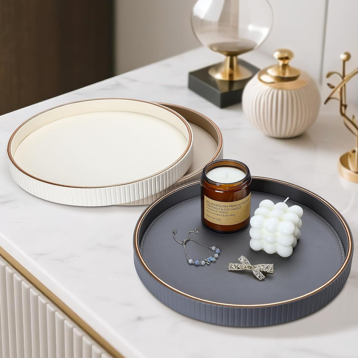 KINGFOM Round Decorative Tray, PU Leather Vanity Tray Organizer with Gold Tri...