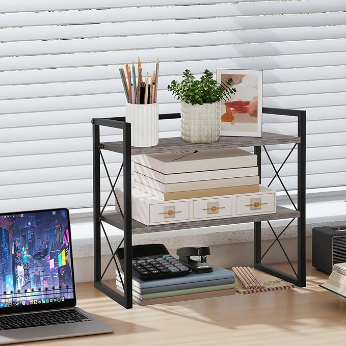 YINMIT Desktop Shelf Organizer, 2 Tier Office Shelves, Wood Desk Organizer - Image 2