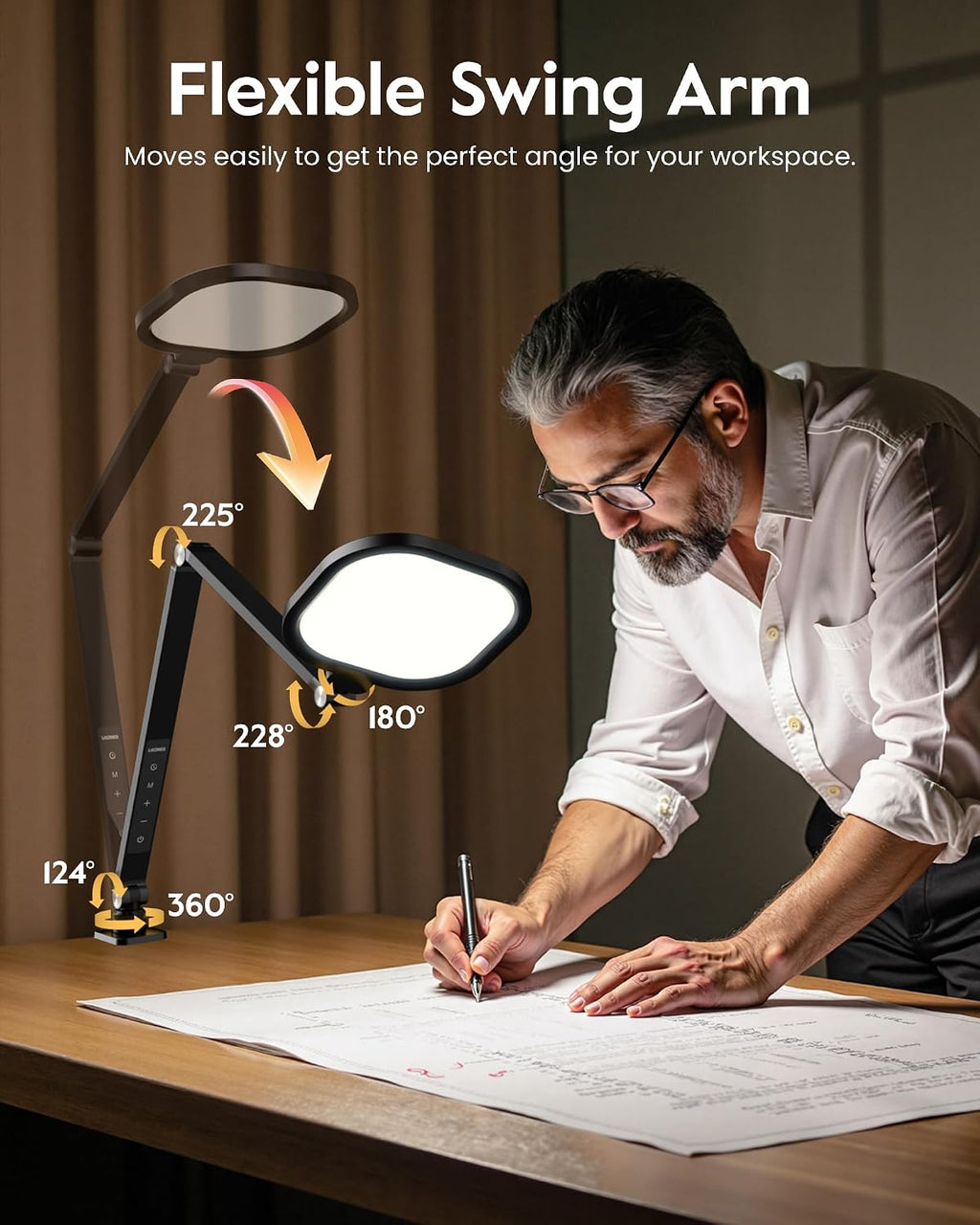 litones remote led desk lamp with clamp, 2000lm showing dimensions
