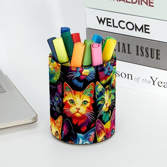 Leather Pen Holder for Desk, Colorful Cat Pattern Pencil Cup Desktop Organizer - Image 5