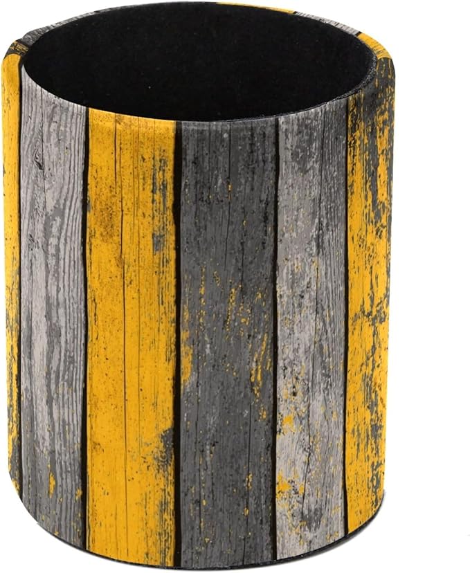 Leather Pen Holder for Desk Yellow Grey Gradient Wood Planks Pattern Pencil Cup by Unknown