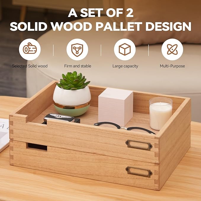 KIRIGEN Wood Desk Organizer Set of 2 Stackable Paper Tray Desktop Document - Image 2